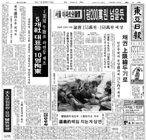 ‘공업용 우지’로 라면 등을 만든 식품업체 관계자 10명이 구속됐다는 소식을 전한 1989년 11월 4일자 동아일보 1면.