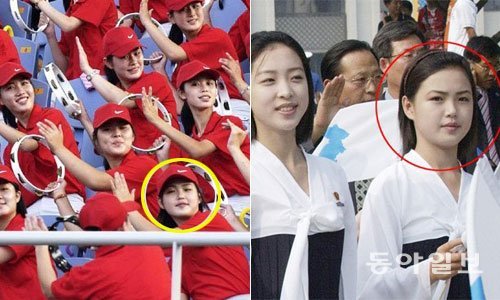 사진=2005년 9월 인천 아시아육상대회에 북한 응원단의 일원으로 참석한 리설주(원 안).동아일보DB