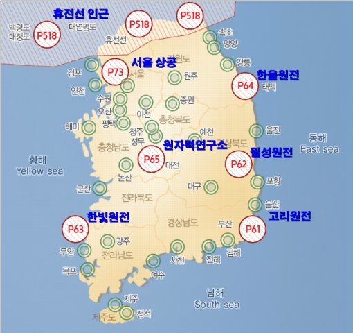 한국의 비행금지구역을 모두 표시한 지도. 녹색 원은 비행장 인근 비행금지구역을 의미합니다.