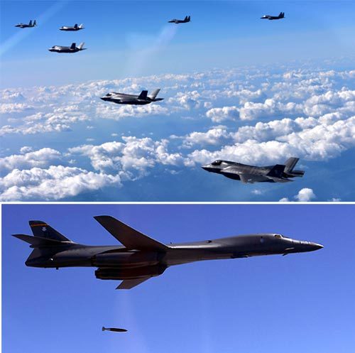 F-35B 스텔스기와 ‘죽음의 백조’, 사상 첫 한반도 동시 출격 31일 우리 공군 F-15K 4대와 
최신예 F-35B 스텔스 전투기 4대(위쪽 사진), ‘죽음의 백조’로 불리는 전략폭격기 B-1B(아래쪽 사진)가 한반도 상공에서 북한 핵심시설을
 가상의 표적으로 한 폭탄 투하 훈련을 하고 있다. B-1B와 F-35B가 한반도 상공에서 동시에 출격해 훈련한 것은 이번이 
처음이다. 공군 제공