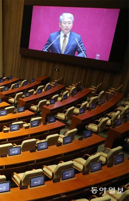 텅 빈 한국당 의원석 국민의당 김동철 원내대표가 6일 국회 본회의장에서 교섭단체대표 연설을 하는 장면이
 스크린으로 중계되고 있다. 그 아래로 국회 일정 전면 보이콧으로 자리를 뜬 자유한국당 의원들의 빈자리가 덩그러니 놓여 있다. 
김동주 기자 zoo@donga.com