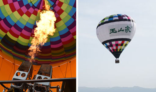 비행에 앞서 열기구 구피 안의 공기를 가열하고 있다.(왼쪽 사진) 허허벌판에서 비행하는 해외의 열기구와 달리 춘천에서는 북한강, 삼악산의 아름다운 정경이 눈앞에 펼쳐지는 신세계를 경험할 수 있다.(오른쪽 사진)
