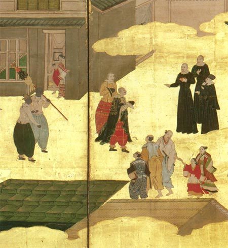 16세기 일본 나가사키항에서 포르투갈 상인들과 예수회 선교사, 일본인들이 교류하는 장면을 담은 ‘남만병풍(南蠻屛風)’.