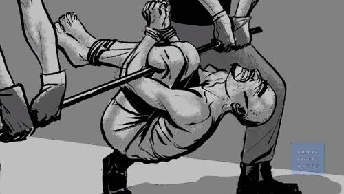 국제 인권단체 휴먼라이츠워치(HRW)가 삽화로 묘사한 ‘통닭구이 고문’
장면. HRW 홈페이지