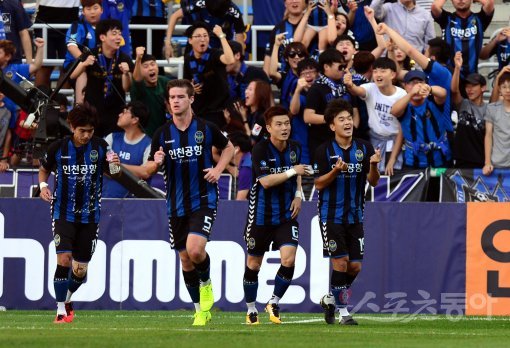 17일 인천 축구전용경기장에서 열린 ‘KEB하나은행 K리그 클래식 2017’ 인천 유나이티드와 FC 서울의 경기에서 인천 송시우(오른쪽)가 골을 넣은 뒤 세리머니를 펼치고 있다. 인천 | 김민성 기자 marineboy@donga.com