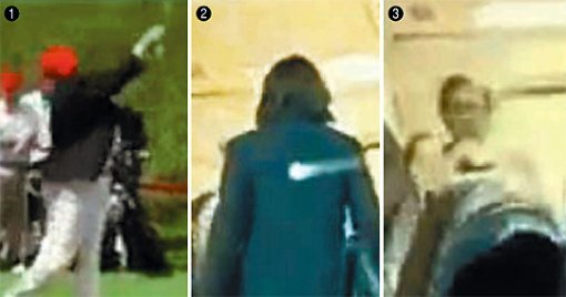 17일 도널드 트럼프 미국 대통령 트위터에 올라온 힐러리 클린턴 전 국무장관 관련 영상. ① 트럼프가 힘차게 티샷을 하고 ② 비행기에 오르는 클린턴이 이 공에 등을 맞는다. ③ 클린턴은 곧바로 앞으로 쓰러진다. 도널드 트럼프 트위터 캡처