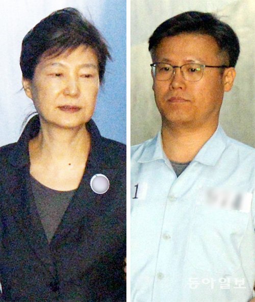 18일 서울중앙지법에서 열린 재판에 출석하는 박근혜 전 대통령(왼쪽 사진)과 정호성 전 대통령제1부속비서관. 김경제 기자 kjk5873@donga.com