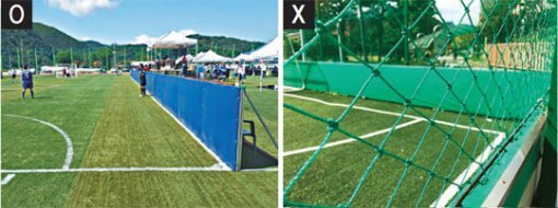 최근 열린 충북 장애인전국체육대회에서 시각장애축구선수들이 사용한 경기장. 기존의 인조잔디 축구장에 선을 그어 20×40m 규격을 맞춘 뒤 사이드라인에 아크릴 재질의 킥보드를 설치했다. 엔드라인 뒤로는 공간이 충분하다(왼쪽 사진). 대부분의 드림필드는 킥보드 대신 사이드라인을 푹신한 안전펜스가 둘러싸고 있다. 골대 뒤에도 공간이 없다. 사이드라인과 그물 사이에도 공간이 없어 시각장애인들은 부상 위험이 크다. 대한장애인축구협회 제공