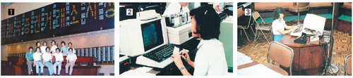 [1]코스콤의 첫 전산화 사업인 증권 시세 게시 시스템 가동 기념촬영(1979년). [2] 증권사 영업점용 증권공동 온라인 시스템 단말기(1983년). [3]증권 매매 체결 시스템용 단말기를 이용하는 모습(1988년).