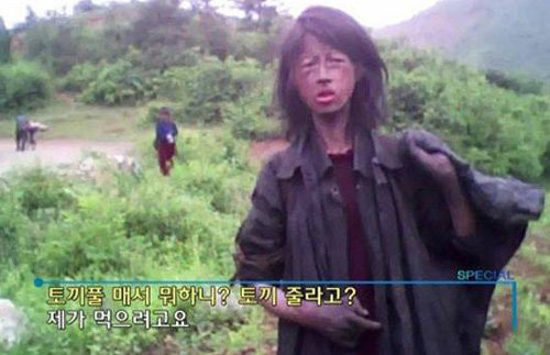 2010년 TV를 통해 소개됐던 북한의 ‘토끼풀 처녀’. “부모는 굶어죽고 풀을 뜯어먹으며 노숙한다”고 했던 그는 몇 달 뒤 굶어죽은 것으로 알려졌다. KBS 화면캡처