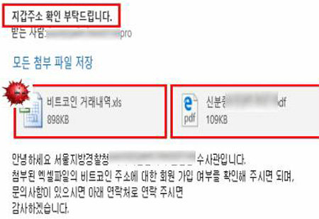 북한 해커가 한국 비트코인 거래소 직원에게 경찰을 사칭해 보낸 e메일 내용. 경찰청 제공