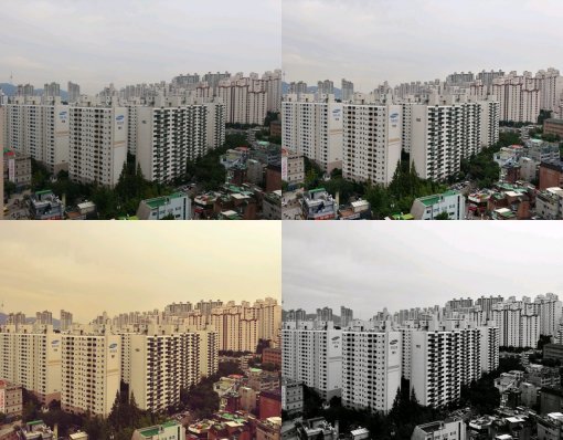 영화 장르별 색감 표현이 가능한 ‘시네 비디오’ 모드. 왼쪽 상단은 효과를 주지 않은 사진이며, 오른쪽은 전문가 모드. 왼쪽 하단부터 시계 방향으로 ‘로맨틱’ ‘고전영화’.