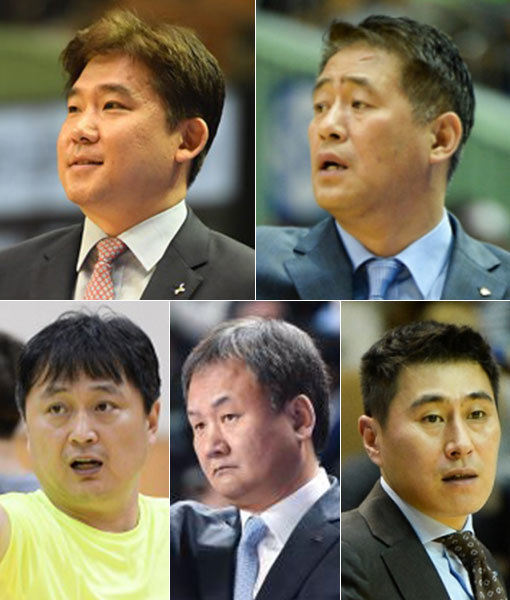 KGC 김승기 감독-오리온 추일승 감독-삼성 이상민 감독-모비스 유재학 감독-DB 이상범 감독(왼쪽 상단부터 시계방향으로). 사진제공｜KBL