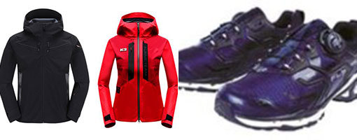 고어텍스 스트레치 패브릭이 적용된 아웃도어 재킷들(왼쪽)과 고어텍스 서라운드를 장착한 K2의 플라이워크 ‘옵티멀 에어’ 워킹화. 사진제공 ㅣ 고어텍스