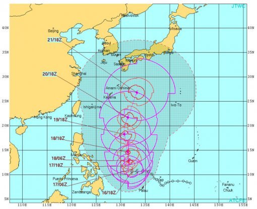 태풍 란 북상, 예상경로? …한미일 기상청 “日 동쪽 해상으로…한반도 영향 無”/JTWC 태풍 란 예상경로.