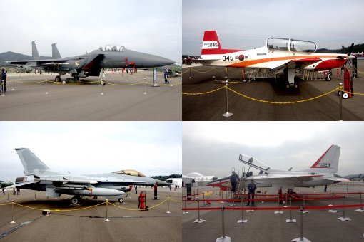 야외 전시장에 전시된 공군 보유 기종들. 왼쪽 위부터 시계방향으로 F-15K, KT-1, T-50, F-16