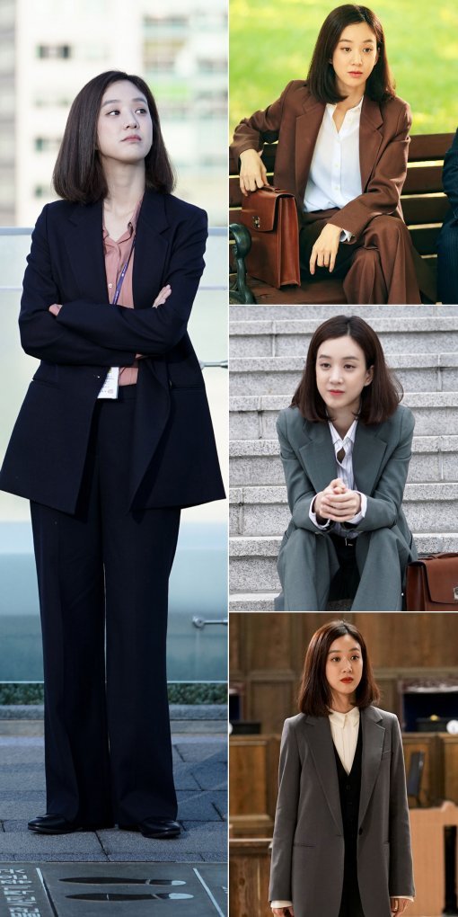 연예계 대표 패셔니스타 정려원이 선택한 검사 패션은 ‘내추럴 시크’ 콘셉트의 오버사이즈 슈트다. KBS 2TV 월화드라마 ‘마녀의 법정’에서 정려원은 체형보다 큰 사이즈 의상으로 루즈한 멋을 뽐내고 있다. 사진제공｜아이윌미디어