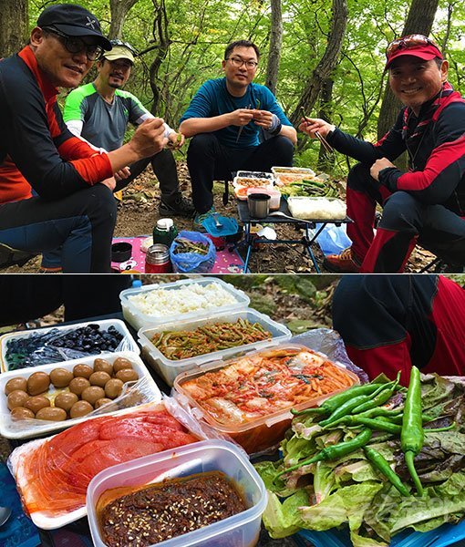 이봉원(위 사진 오른쪽 끝)이 직접 싸온 도시락(아래 사진)을 산악회 회원들과 나눠 먹고 있다. 북한산 ㅣ 서다영 기자 seody3062@donga.com