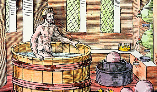 그리스의 수학자이자 물리학자인 아르키메데스(기원전 287년∼기원전 212년)의 욕조 실험을 상상한 그림. 예문아카이브 제공