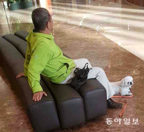 반려견 동반 쇼핑이 가능한 경기 고양시 스타필드 고양에서 23일 한 중년 남성이 반려견의 목줄을 바닥에 내려놓은 채 의자에 앉아 있다. 고양=신규진 기자 newjin@donga.com