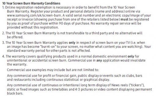 영국 내에서 QLED TV의 번인 10년 보증을 받기 위한 조건 중 일부. 이 외에도 9가지 조건을 제시하고 있다.(출처=IT동아)