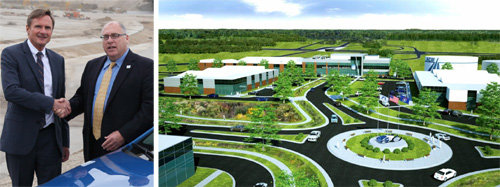 미국 미시간주에 있는 현대·기아자동차 미국기술연구소 소장 앤디 프릴스(왼쪽)가 현대자동차그룹이 창립 멤버로 참여하는 미래 모빌리티
 연구센터(ACM)의 최고경영자(CEO) 존 매독스와 ACM 연구단지 건립 현장에서 얘기를 나누고 있다.(왼쪽 사진) ACM 
연구단지에는 자율주행차 실험을 위해 다양한 도로 환경이 조성될 예정이다. 현대자동차그룹 제공