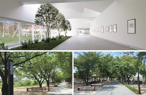 아모레퍼시픽 뷰티캠퍼스 그린갤러리 모습(위). 아래 사진은 아모레퍼시픽과 오산시의 오산천 생태하천 가꾸기 리뉴얼로 가꾸어진 남촌소공원