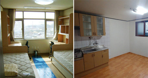 대학 기숙사 vs 반지하 원룸 월 30만 원 수준의 비용을 내고 이용할 수 있는 고려대 신관 
기숙사(왼쪽 사진). 오른쪽 사진은 학교에서 약간 떨어진 한 주택가에 있는 보증금 500만 원, 월세 30만 원대의 원룸. 
반지하라서 낮에도 조명을 켜야 하고 기본 가구도 거의 없다. 고려대 제공·김배중 기자 wanted@donga.com