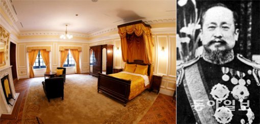 석조전 내부는 서양식으로 화려하게 장식된 고종황제의 침실 등이 재현돼 있다. 오른쪽 사진은 고종 황제의 모습. 동아일보DB