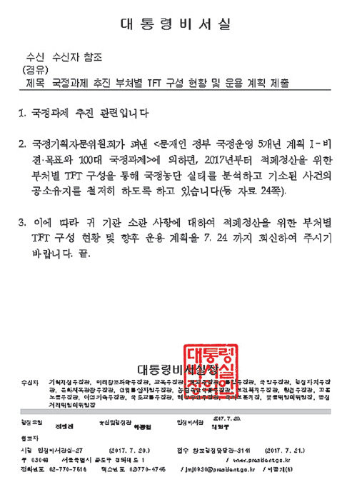 7월 20일 대통령비서실이 정부기관에 발송한 적폐 청산 관련 공문.