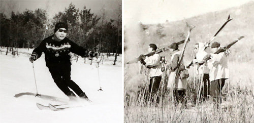 1965년 대관령 스키장에서 후배 선수들 앞에서 스키 시범을 보이고 있는 임경순 씨(왼쪽 사진). 스키장이 없던 그 시절 임경순 씨는 겨울철 강원 평창에서 합숙을 하며 스키를 탔다. 합숙소에서도 논밭을 가로질러 1시간이나 걸어야 스키를 탈 수 있는 강원 창도군 지르매산이 나왔다. 임경순 씨 제공