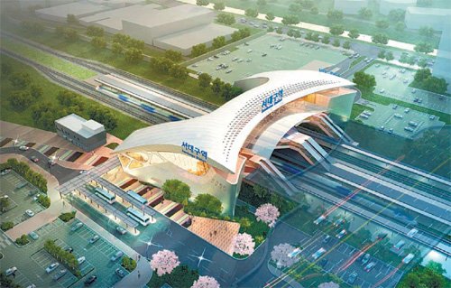 2019년 대구 서구 이현동에 완공 예정인 서대구 KTX역 조감도. 철로 위에 역사를 짓는 방식으로 승객 편의와 교통 접근성을 높인다. 대구시 제공