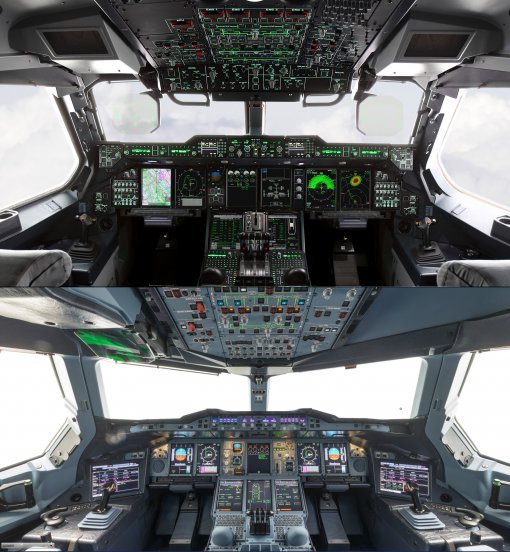 A400M의 조종석(위)과 A380의 조종석(아래) 매우 유사한 구조를 가지고 있습니다.자료 : 에어버스