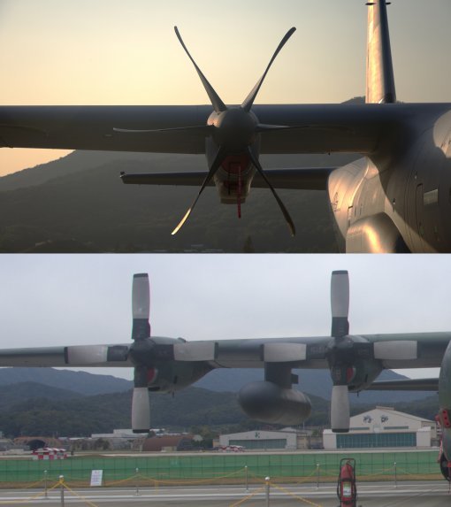 C-130J(위)와 C-130H(아래)의 엔진 프로펠러. 6엽 프로펠러는 정비성, 효율성 등이 좋아 최근 가장 많이 쓰이는 형태입니다.