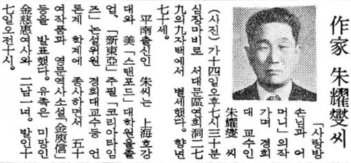 1972년 11월 15일자 동아일보에 나간 주요섭 선생 부고 기사