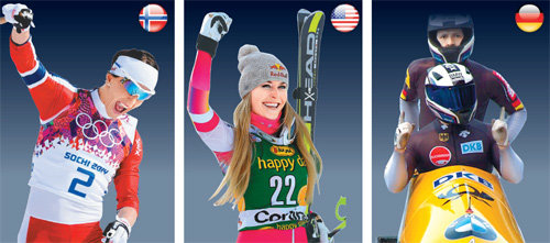 노르웨이, 미국, 독일이 겨룰 ‘평창 삼국지’의 승자는 누굴까. 왼쪽 사진부터 올림픽 여자 최다 메달 타이기록(10개)을 갖고 있는 크로스컨트리의 마리트 비에르겐(노르웨이), 국제스키연맹(FIS) 알파인스키 월드컵에서 77차례나 우승한 ‘스키 여제’ 린지 본(미국), 봅슬레이에서만 10개의 금메달을 딴 ‘썰매 왕국’ 독일 팀의 파일럿 프란체스코 프리드리히(앞). 동아일보DB·IBSF 홈페이지