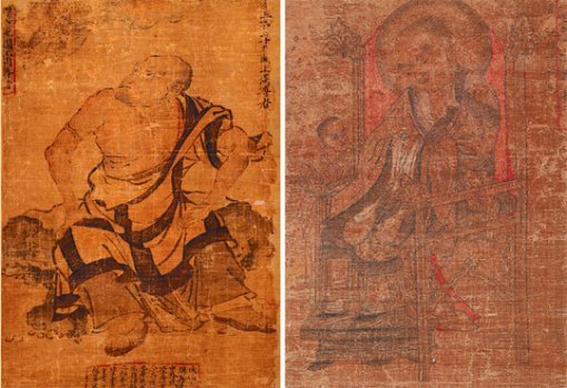 15일 동국대 박물관의 ‘나한―깨달음에 이른 수행자’ 특별전에서 처음 공개되는 오백나한도(왼쪽)와 십육나한도. 1235년 몽골 침략에 맞서 고려왕실이 제작한 희귀 불화다. 동국대 박물관 제공