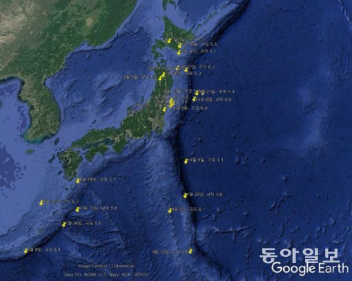 일본에서 올해 발생한 규모 5 이상 지진 위치와 날짜. 자료 : 기상청, 일본기상청, 구글어스