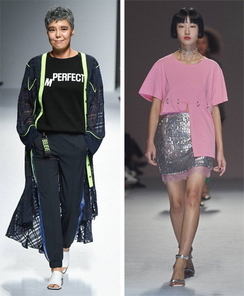 내년 봄에는 여성스러우면서도 스포티한 개성 있는 스타일이 트렌드로 자리 잡을 것으로 전망된다. ‘나는 완벽하다’와 ‘불완전하다’의
 중의적 뜻을 담은 티셔츠를 입고 모델로 등장한 가수 이은미(왼쪽)와 기하학적 패턴의 목걸이가 돋보이는 육스 서울 컬렉션. 라이·육스 제공