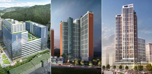 성남 상대원동 ‘SK V1 tower’-군산 조촌동 ‘e편한세상 디오션시티2차’-인천 구월동 ‘지웰시티몰’(왼쪽부터).