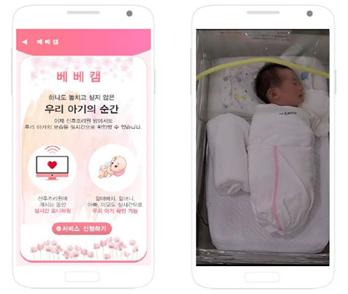 산후조리원 신생아실의 아기 모습을 실시간으로 확인할 수 있는 ‘남양베베캠’. 스마트폰 애플리케이션을 설치한 뒤 가입하면 산후조리원의 사전 승인을 거쳐 아기의 가족 5명이 요람 속 아이 모습을 24시간 볼 수 있다. 남양베베캠 제공
