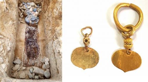 사진=압독국 지역 지배층 무덤(왼쪽 사진)과 무덤 안에서 발견된 금귀고리/문화재청 제공