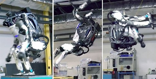 인간형 로봇 ‘아틀라스’가 체조기술 중 하나인 백플립을 구사하고 있다. 미국 로봇기업 보스턴 다이내믹스가 개발한 이 로봇은 유압식 구동장치를 채택해 세계에서 운동능력이 가장 뛰어난 인간형 로봇으로 꼽힌다. 보스턴 다이내믹스 제공