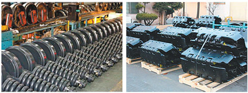 동일금속㈜에서 생산하는 IDLER 제품(왼쪽 사진)과 트랙슈 제품.