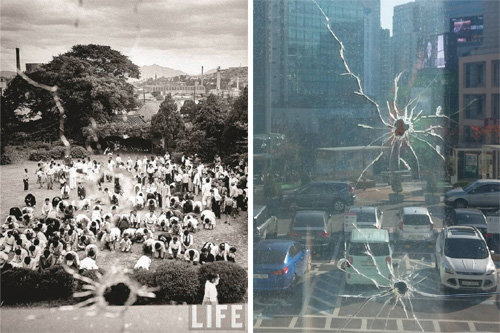 경교장의 김구 집무실 유리창 총탄 구멍. 1949년 암살직후 찍은 사진(왼쪽)과 현재 재현해놓은 모습.