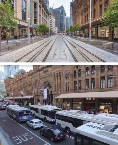 확 바뀐 조지스트리트 2년간 공사 후 10일 개통된 호주 시드니의 조지스트리트. 왕복 4차로 도로였던 
이곳은 상습 차량 정체로 악명 높았지만(아래 사진) 차량 대신 트램을 설치하는 ‘라이트레일’ 사업 덕분에 보행자 천국으로 변했다.
 호주 뉴사우스웨일스주 제공