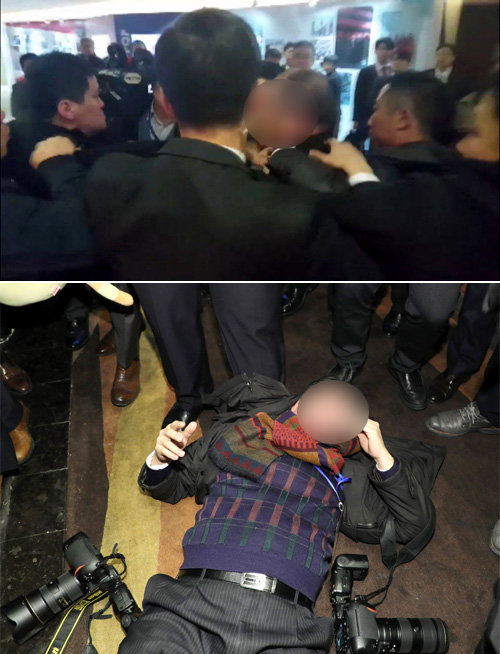 사진=14일 오전 문재인 대통령의 중국 국빈 방문을 취재하던 매일경제 이충우 사진기자(목이 잡혀 있는 사람)가 ‘한중 경제·무역 파트너십 개막식’에서 폭행을 당하고 있다(위쪽 사진). 아래쪽 사진은 중국 측 경호원에게 폭행당한 뒤 쓰러져 있는 한국일보 고영권 사진기자. 청와대사진기자단