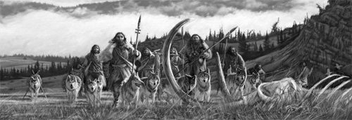 ‘늑대-개’와 함께 매머드를 사냥하는 초기 현생 인류의 모습을 상상해 표현한 그림. 그림에 나오는 풍경은 체코의 돌니 베스토니체와 파블로프 유적지와 비슷하다. 푸른숲 제공
