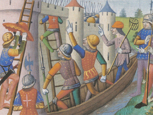 프랑스와 잉글랜드 간에 벌어진 백년전쟁(1337∼1453) 당시 어부로 변장해 묄랑성으로 진격하는 프랑스군의 모습을 그린 그림. 프시케의숲 제공