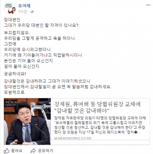 류여해 자유한국당 최고위원 페이스북